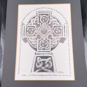 Pen and Ink Celtic Cross with The Lord’s Prayer written as border.
